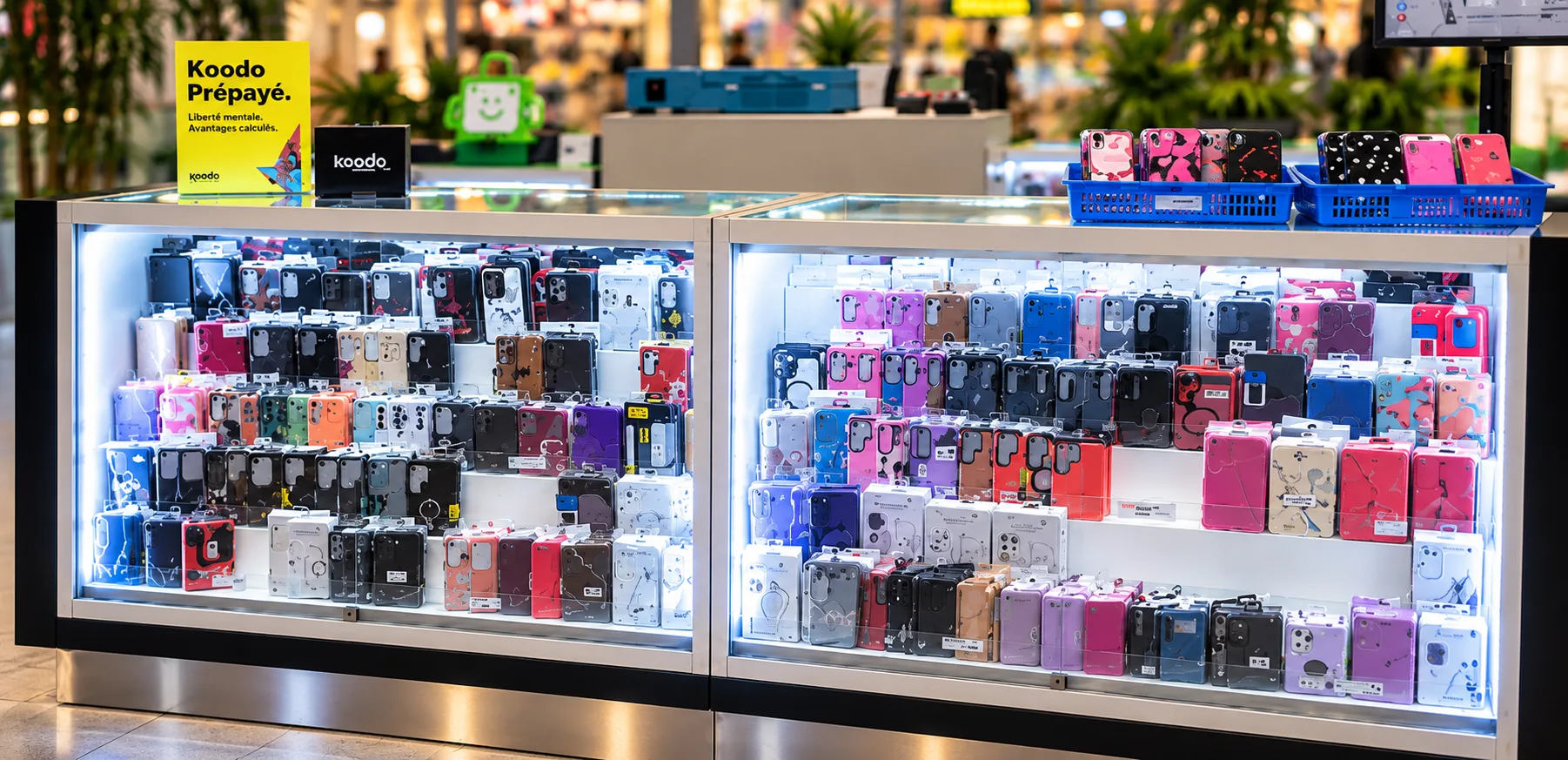 Kiosque CellCase : gros plan sur la vitrine de coques de téléphone